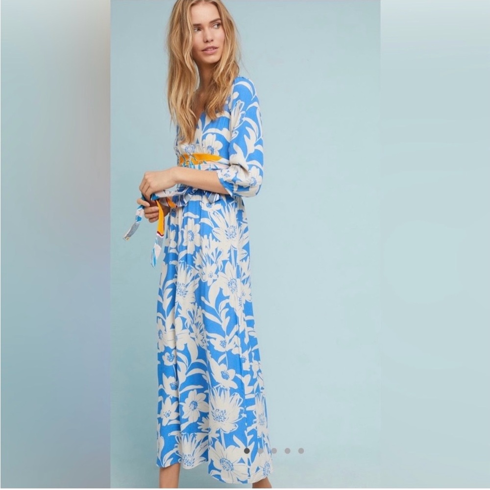 Anthropologie Maeve Blue Patterned Kimono Style Maxi Dress